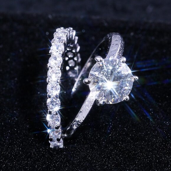 🍁  Beautiful 925 Silver Plated 2 Pcs CZ Wedding Ring, FB16FA1067 - Picture 3 of 7